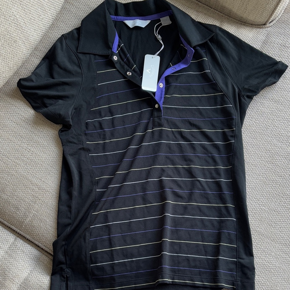 Callaway Black Polo with Purple and Gold Stripes